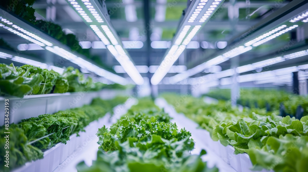 industrial farm with high-tech rectangular light rays growing greens and lettuce in rows on white shelves, in the style of modern design industrial farm with high-tech rectangular light rays growing greens and lettuce in rows on white shelves, in the style of modern design