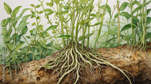 Watercolor painting: A detailed illustration of the symbiotic relationship between a legume plant and nitrogen-fixing bacteria in its root nodules,