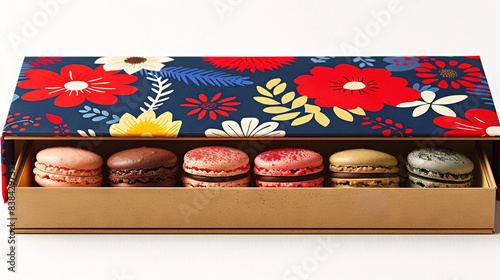   A wooden box of assorted macaroons sits atop a white table, alongside a blue and red flowered container photo