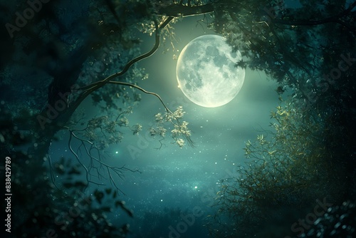 the moon peeking through the branches of a dense forest