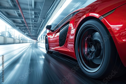 Sleek white sports car  motion blur background.  a white sports car driving through a tunnel  Sports car in motion  frozen in a high-end studio setting for dynamic shots