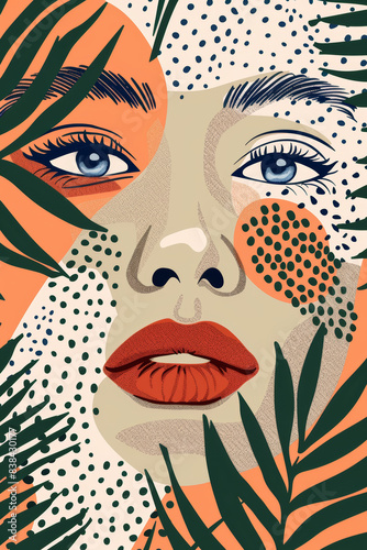 Portrait of a woman with blue eyes, red lips, and tropical leaves in the background.