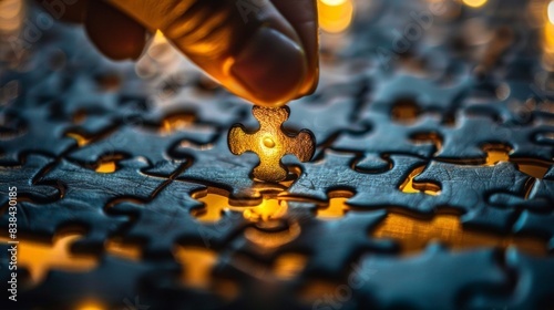 A hand is placing a piece of the jigsaw puzzle, AI