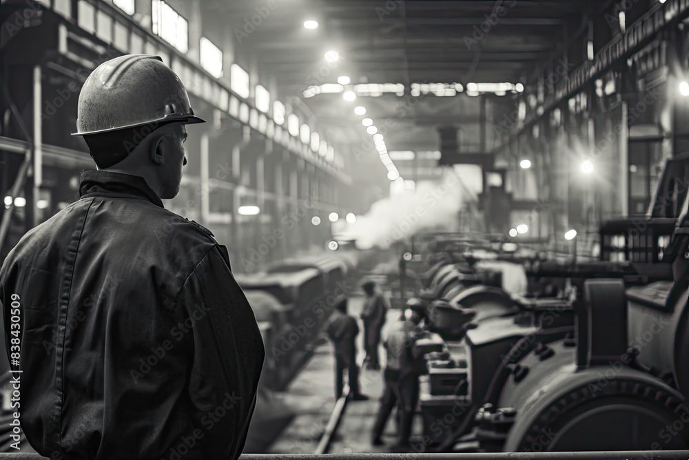 Worker observing fiery steel mill, a man in a hard hat standing in a factory, Steel mill with workers monitoring production lines Worker observing fiery steel mill, a man in a hard hat standing in a factory, Steel mill with workers monitoring production lines