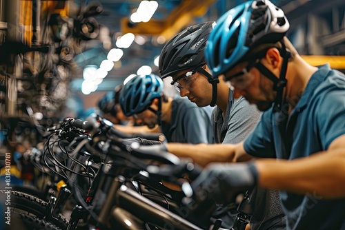Focused technicians adjusting bicycles, a group of men working on bicycles in a factory, Workers in a bike assembly line meticulously fitting components together photo