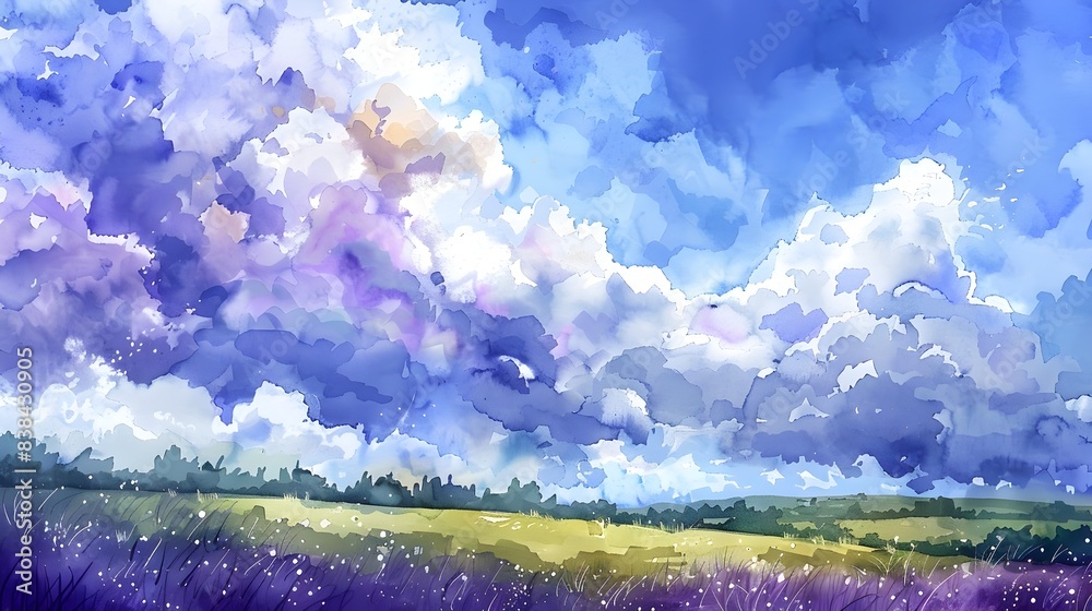 Fototapeta premium Dramatic Cloudy Sky Over Vibrant Green Meadow Landscape