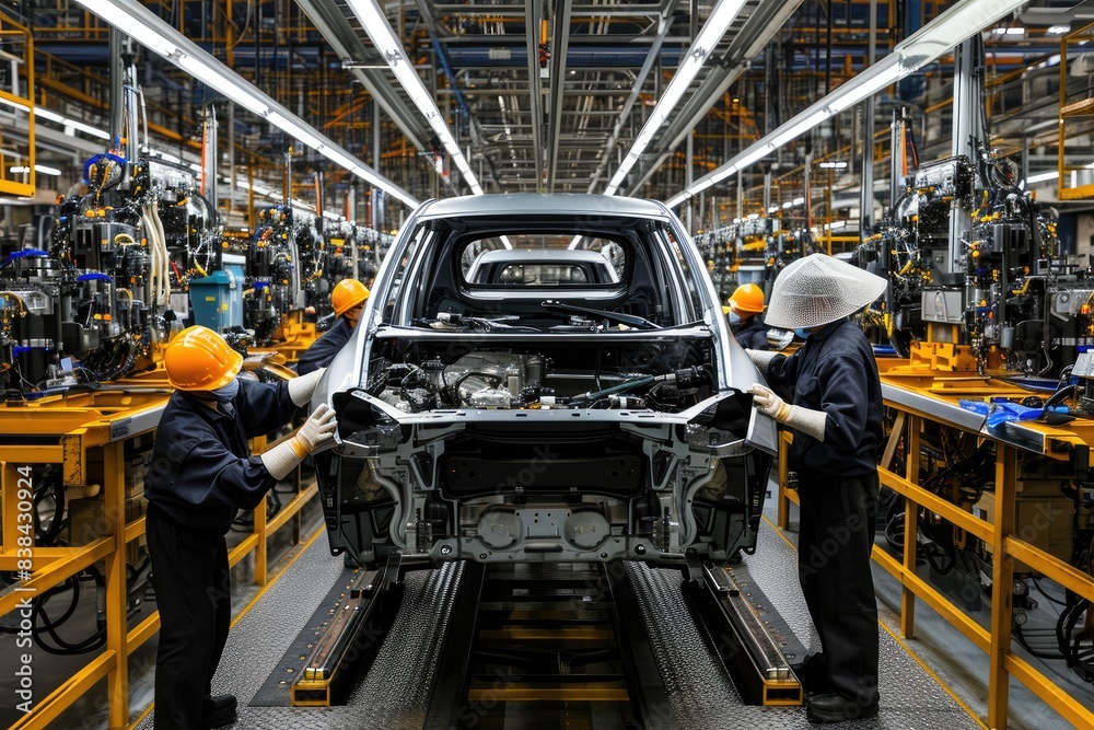 Unfinished silver vehicle on assembly line, a car being built in a factory with workers, Workers in a car assembly line meticulously fitting components together