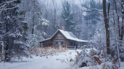 A picturesque winter cabin nestled in a snowy wooded area is captured in this image, radiating a serene and cozy atmosphere.