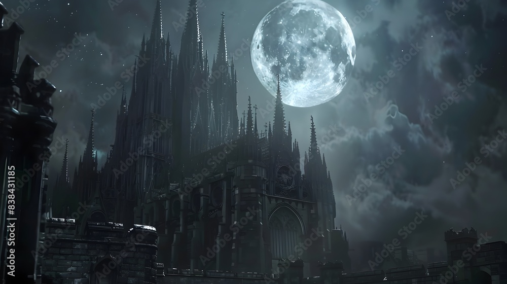 Obraz premium Dramatic Gothic Castle Silhouetted Against a Moody Moonlit Sky