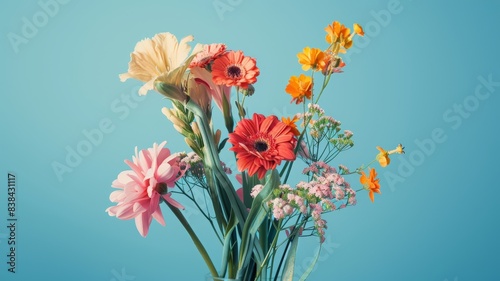 A vibrant bouquet of various flowers, including daisies and poppies, against a bright blue background, creating a cheerful and lively image. © Chaiyaporn