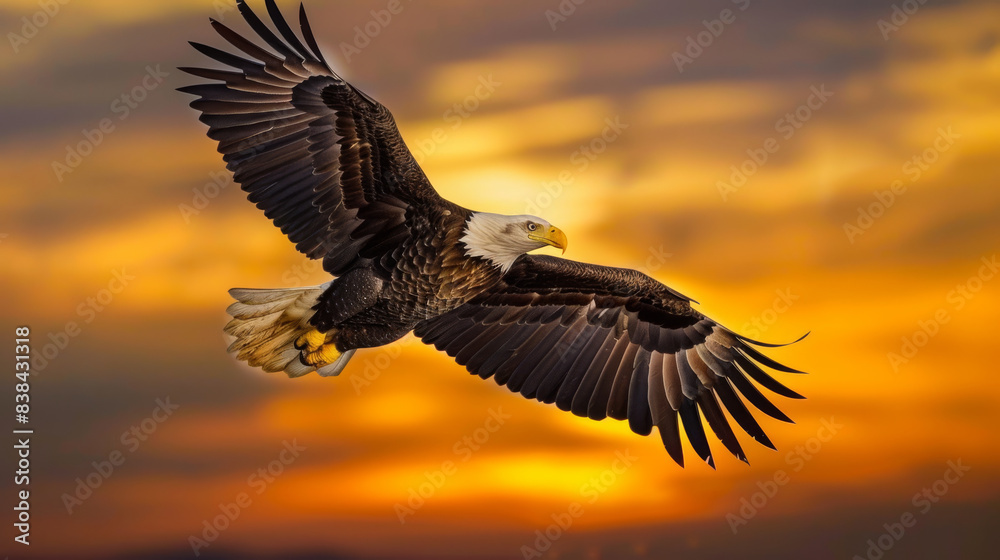 Obraz premium A bald eagle flies against the backdrop of a beautiful sunset. Beautiful eagle with spread wings.
