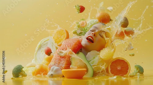 Vibrant Health Explosion: Fresh Foods Bursting from a Yellow Capsule photo