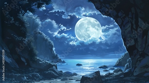 Dramatic Moonlit Coastal Landscape with Rugged Cliffs and Starry Sky photo