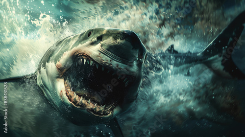 Shark attacks. Big shark attack. Huge teeth like a blade.