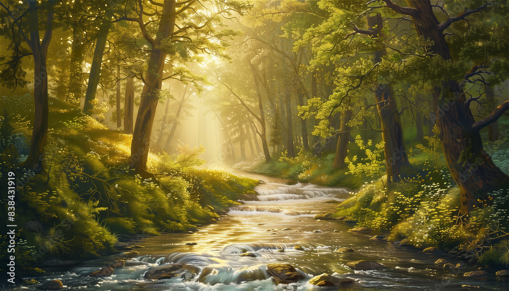 Sunlit Forest Stream With Lush Greenery and Sunlight Rays Sunlit Forest Stream With Lush Greenery and Sunlight Rays