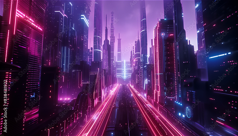 Neon Lit Cityscape With Pink and Blue Lights at Night Neon Lit Cityscape With Pink and Blue Lights at Night