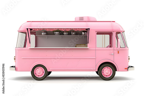Pink food truck side view isolated on white background