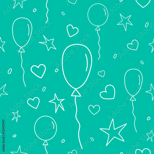 Festive Seamless Vector Pattern with Cute Balloons, hearts and Stars. Background for Kids. Birthday Party Design