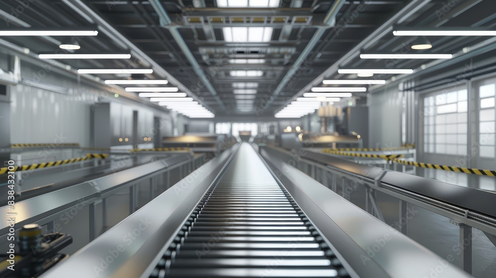 Modern factory interior, empty conveyor belt, industrial automation, efficient production line, minimalistic design, photorealistic, surreal, fusion, organized setting Modern factory interior, empty conveyor belt, industrial automation, efficient production line, minimalistic design, photorealistic, surreal, fusion, organized setting