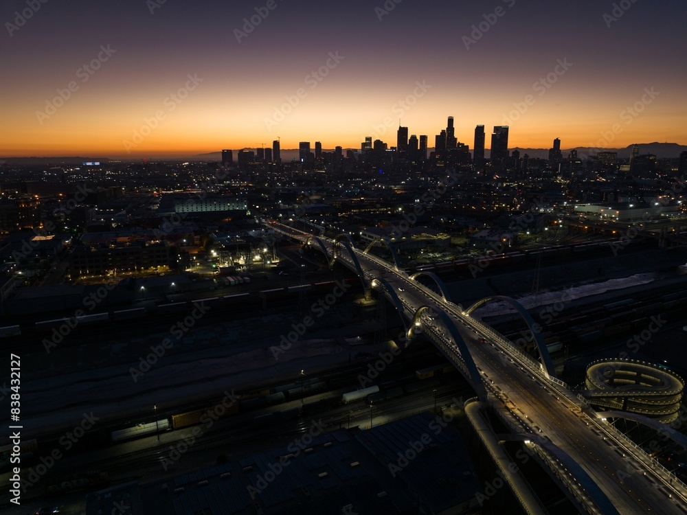 4k ultra hd image of Aerial View of New Sixth Street Viaduct Connecting Downtown Los Angeles Arts District to Boyle Heights Across Los Angeles River