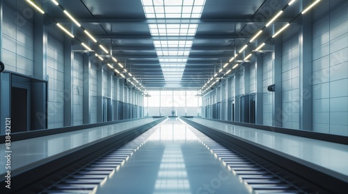 Modern factory interior, empty conveyor belt, industrial automation, efficient production line, minimalistic design, photorealistic, surreal, fusion, organized setting
