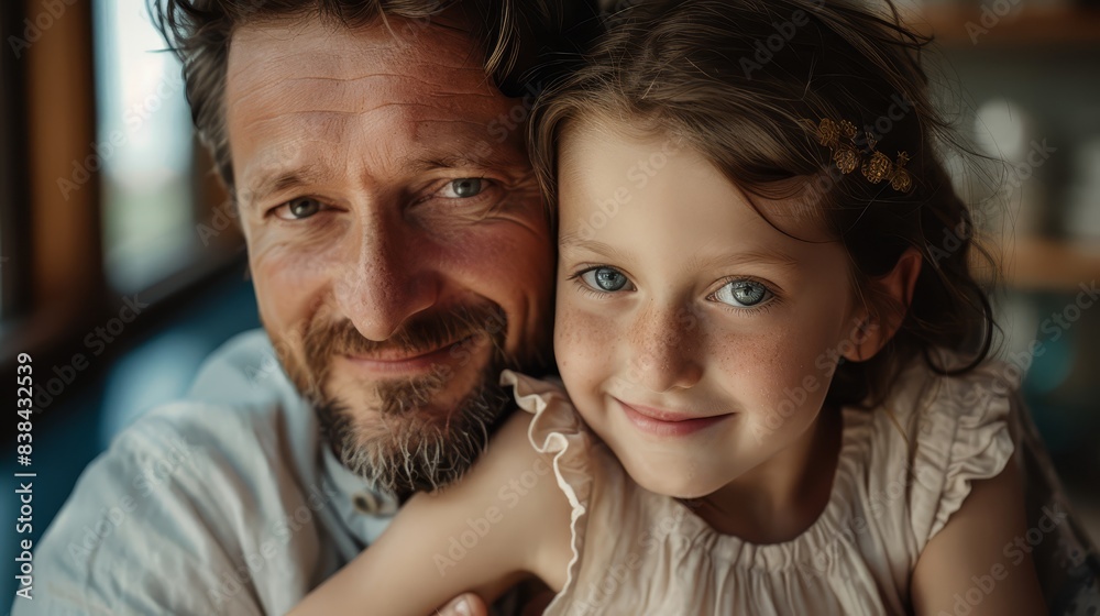 Smiling 30s white father and daughter looking at the camera, photorealistic, celebrating Father's Day Smiling 30s white father and daughter looking at the camera, photorealistic, celebrating Father's Day