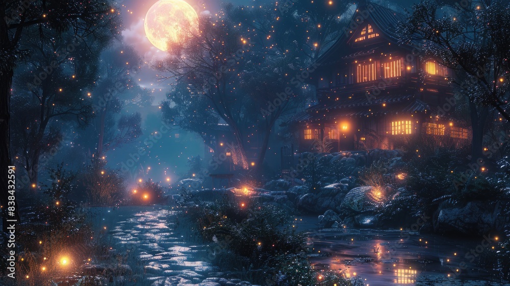 Fototapeta premium A glow with Fireflies and Ethereal Lo-Fi Ambience and Enchanting Moonlit Garden