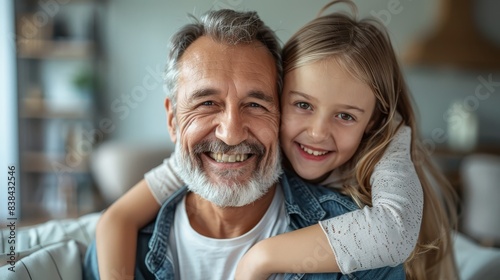 Smiling 30s white father and daughter looking at the camera, photorealistic, celebrating Father's Day
