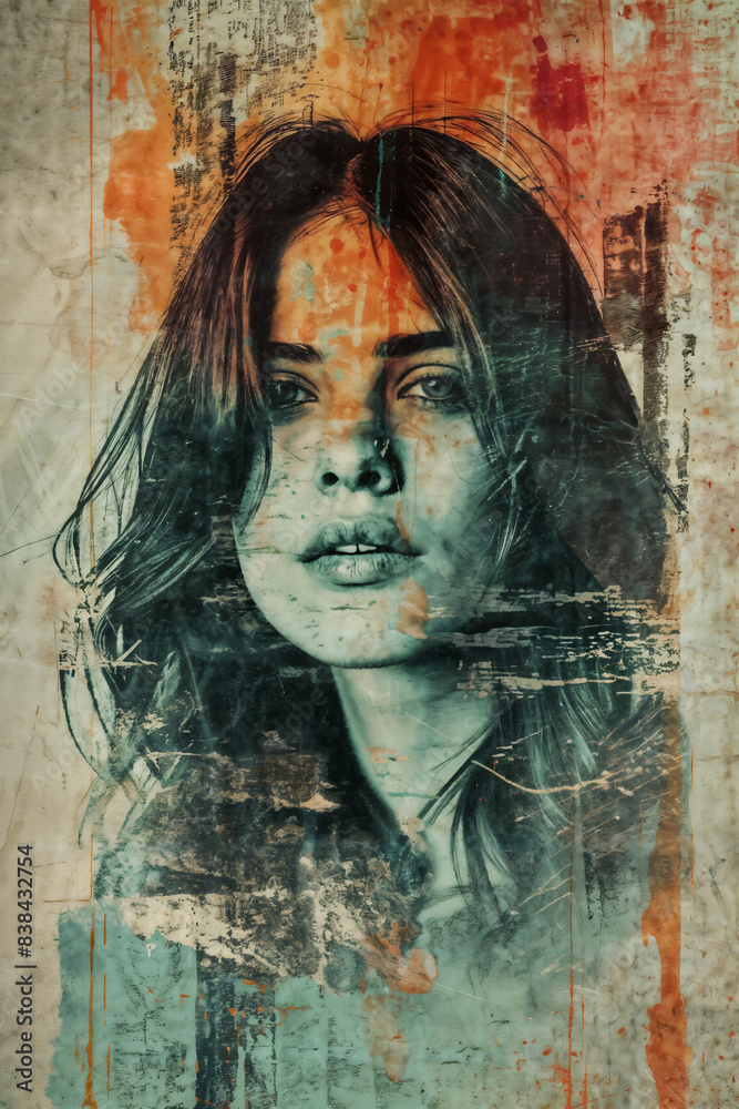 Young Woman Portrait in Modern Grunge Style Poster Young Woman Portrait in Modern Grunge Style Poster