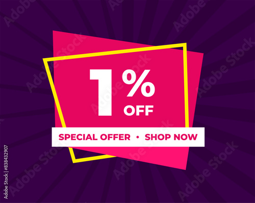 1% off, one percent, special offer, shop now. Background Label. Purple and pink. Discount special offer. Banner with offer emblem. Modern concept design. Vector illustration.