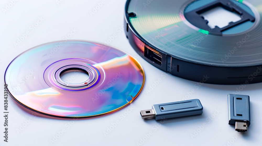 Horizontal close up shot of three CDs and a high capacity USB flash drive on white ,Data storage device ,USB Pen Drive on CDs and DVDs, the innovation Horizontal close up shot of three CDs and a high capacity USB flash drive on white ,Data storage device ,USB Pen Drive on CDs and DVDs, the innovation