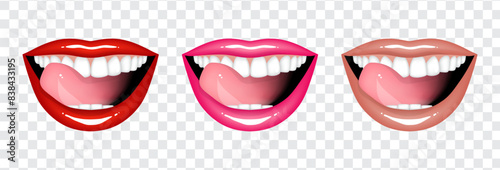 Beautiful sexy plump glossy female lips with tongue and teeth in red, pink and beige nude colors. Set of isolated vector illustrations on transparent background