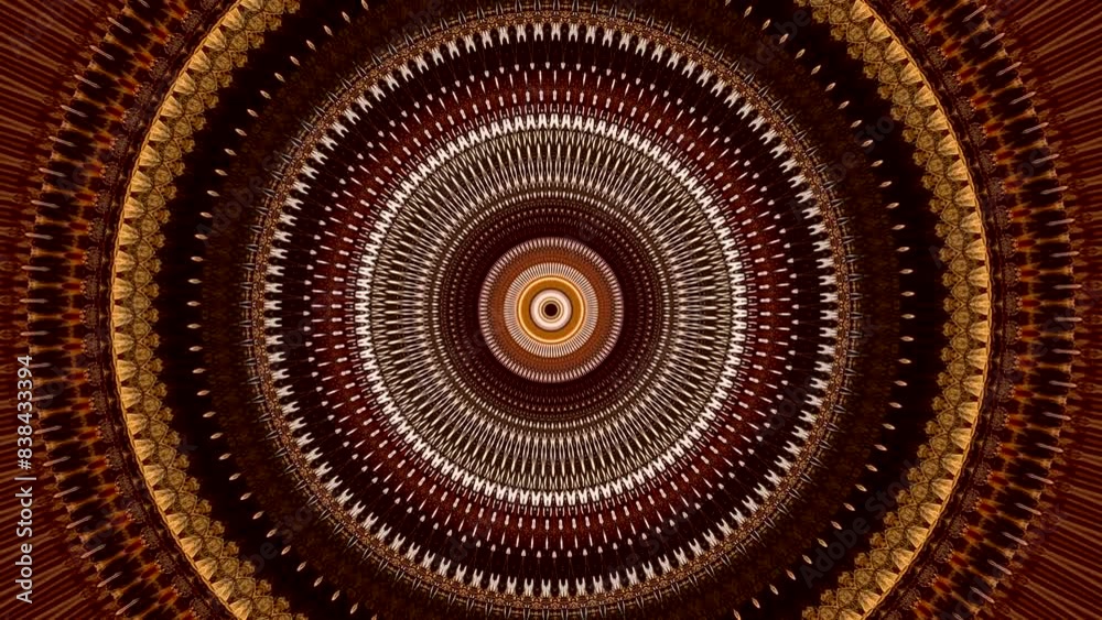 mándala de formas geométricas con cambios de círculos, flores y lineas en movimiento que se mezclan de forma cambiante en colores marrones, amarillos,negros y naranjas