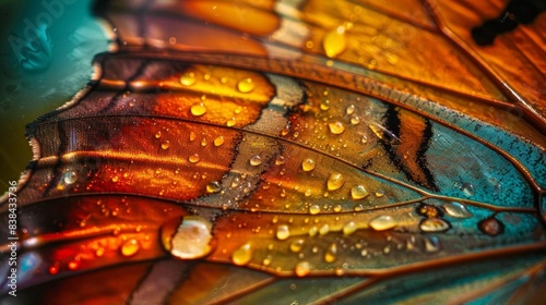 Close-up of a colorful butterfly wing with water droplets, showcasing vibrant hues and intricate details in a beautiful macro shot. © Flowaiart