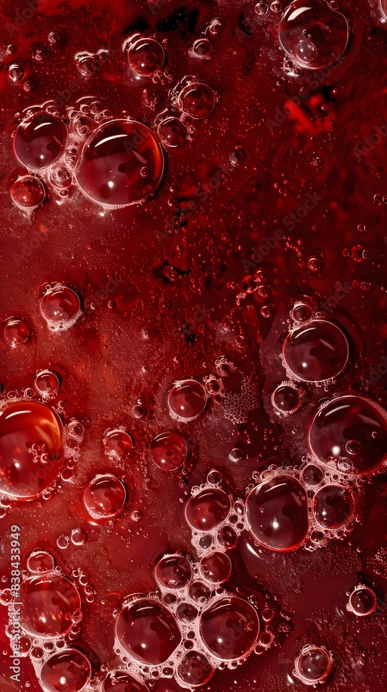 A close-up image of a red liquid with bubbles and a swirling pattern. The liquid is translucent, and the bubbles are round and shiny. Generative AI