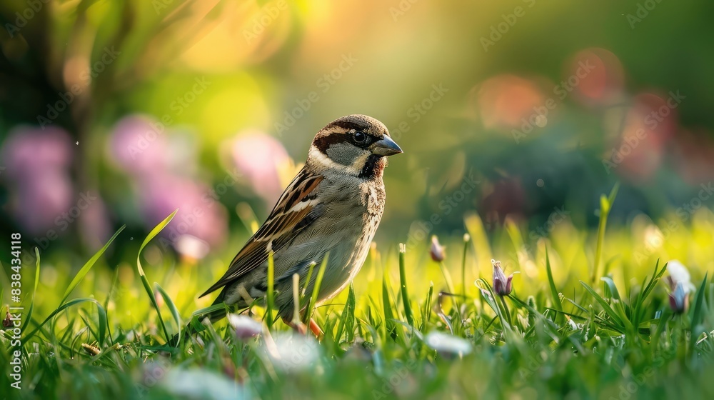 Naklejka premium sparrow on a green grass