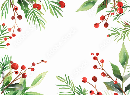 Elegant watercolor Christmas New Year card banner with botanical frame winterberries mistletoe leaves branches twigs on white background. Retro style holiday stationery gift card template photo