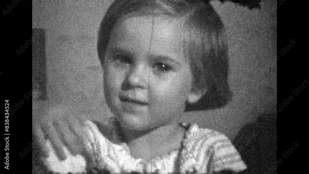 Archive film, little girl serious portrait looking at camera, close up. Creepy, exciting, brilliant child look. Beautiful girl look attentively. Vintage black white movie. Family retro 1980s memories