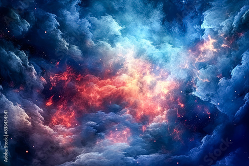 A colorful space scene with blue, red, and yellow clouds.