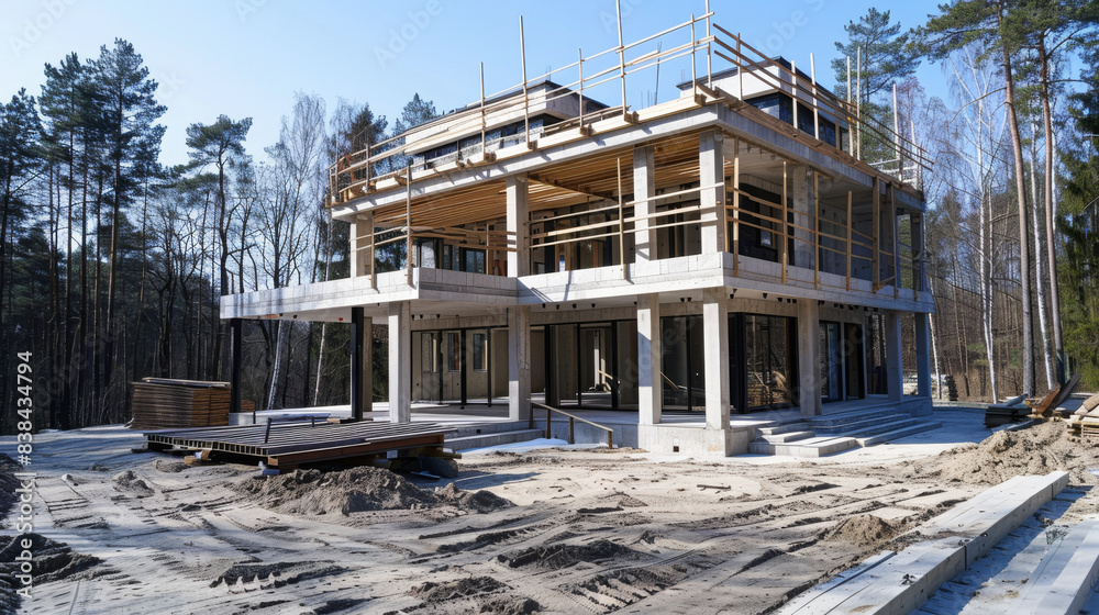 Wooden and concrete frame of a house under construction and structure in the early stages of construction. Wooden and concrete frame of a house under construction and structure in the early stages of construction.