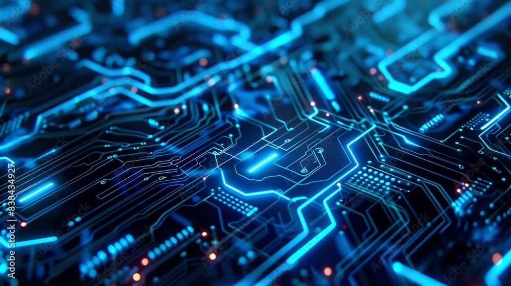 Close-up view of a glowing blue circuit board with intricate patterns, representing the technology and electronics industry.