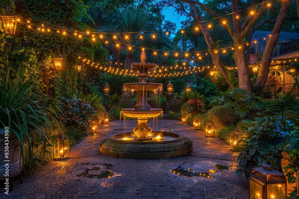 Magical Evening Garden with Illuminated String Lights and Lantern-Lit Pathways for Serene Ambiance Magical Evening Garden with Illuminated String Lights and Lantern-Lit Pathways for Serene Ambiance