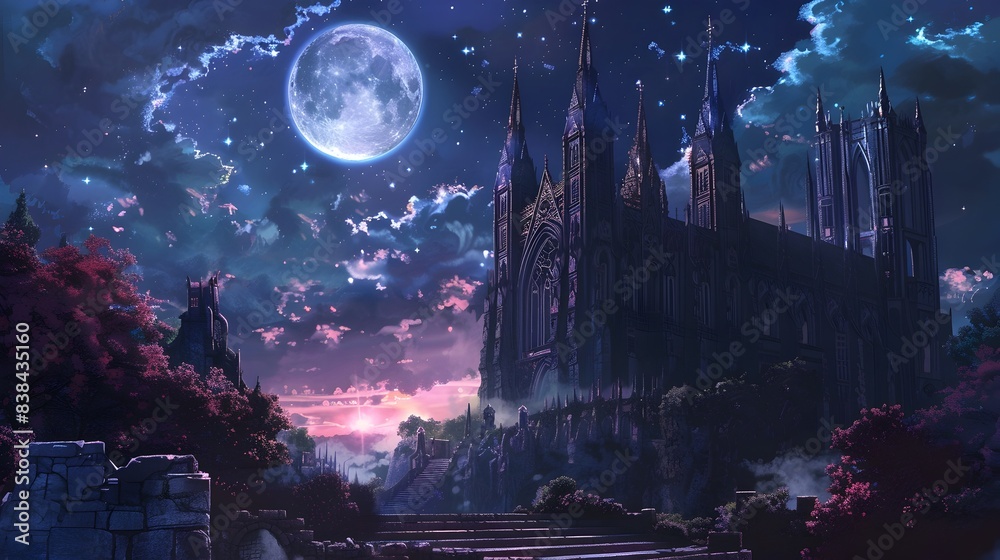 Obraz premium Enchanted Castle Under the Moonlit Starry Sky in a Fantastical Landscape