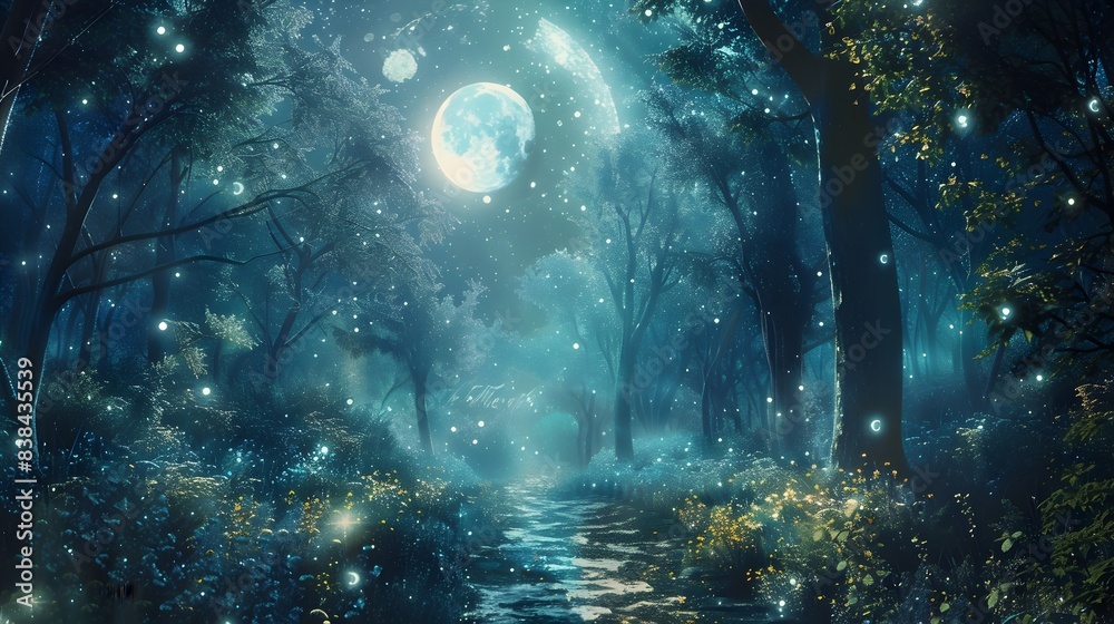 Fototapeta premium Enchanted Nighttime Forest Landscape with Glowing Moon and Stars