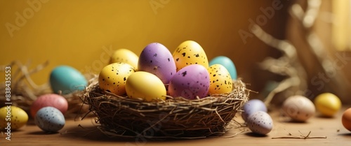 Decorative Easter eggs in nest on yellow background.