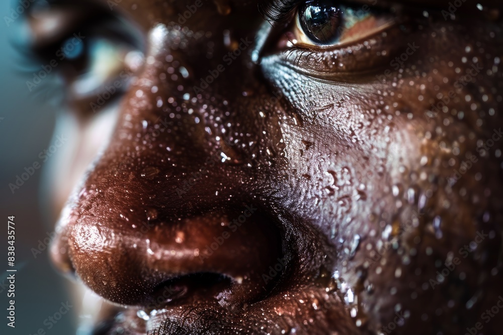 Intense Close-Up of Athlete's Determined Face with Sweat, Reflecting Inner Struggle and Resolve Intense Close-Up of Athlete's Determined Face with Sweat, Reflecting Inner Struggle and Resolve