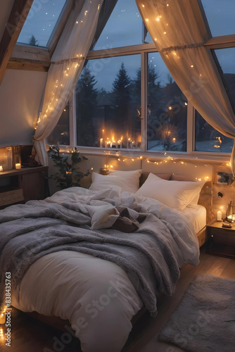 A modern day Elven bedroom  big panoramic windows, a fireplace. The bed is a haven of softness, with layers of plush blankets and fluffy duvets beckoning to be nestled into.