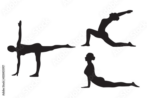 Vector set of black silhouettes of a sporty young woman. Yoga poses highlighted on a white background.