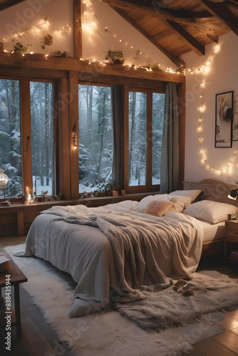 A modern day Elven bedroom  big panoramic windows, a fireplace. The bed is a haven of softness, with layers of plush blankets and fluffy duvets beckoning to be nestled into.