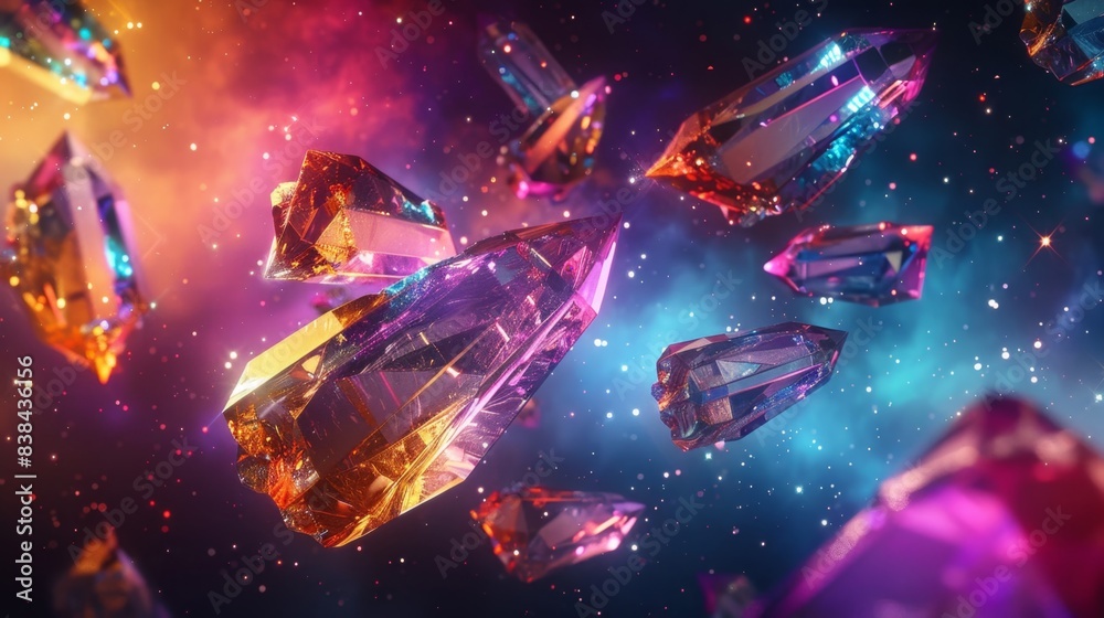 Vibrant multicolored crystals floating in a starry cosmic background, evoking a sense of magic and wonder in a fantastical galaxy scene. Vibrant multicolored crystals floating in a starry cosmic background, evoking a sense of magic and wonder in a fantastical galaxy scene.